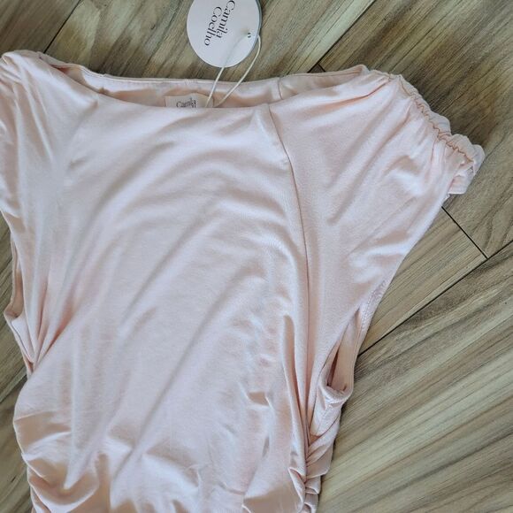 🆕️ Camila Coelho Astella Ruched High Neck Mini Bodycon Dress in Peach Nude - Picture 6 of 13